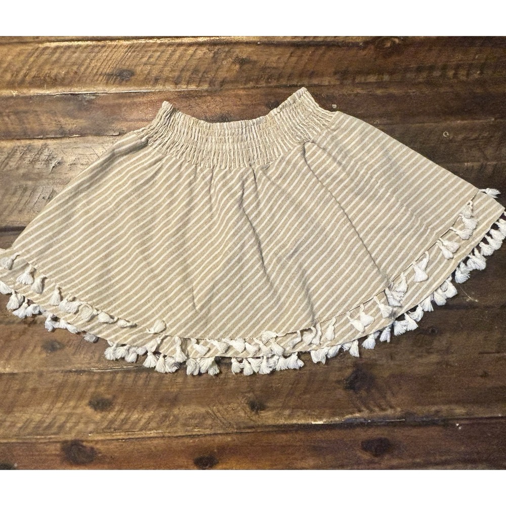 AMICCI Boho Cotton Mini Skirt M Tan White Striped Smocked Waist Tassel Trim